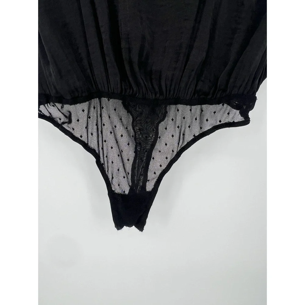 Free People Intimately sz SP Black‎ Lace Trim Dot Mesh Teddy Bodysuit